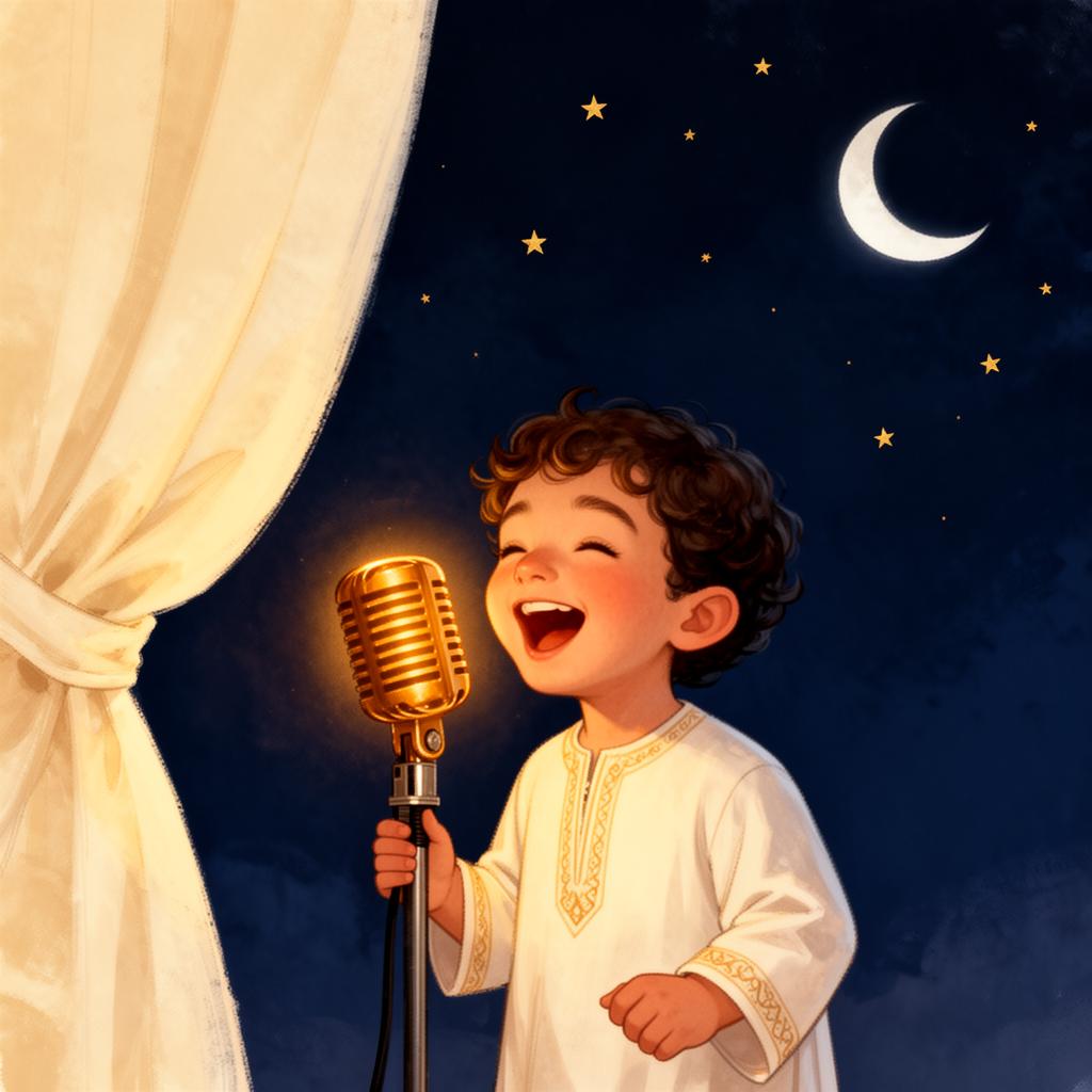 Child speaking Arabic into a microphone under floating calligraphy
